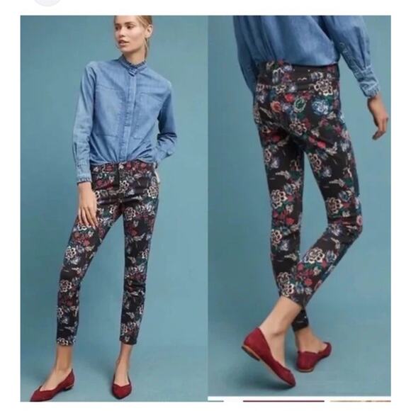 Anthropologie Pilcro Floral Print Cigarette Skinny Jeans 27 Black Fairy Boho - Picture 1 of 11